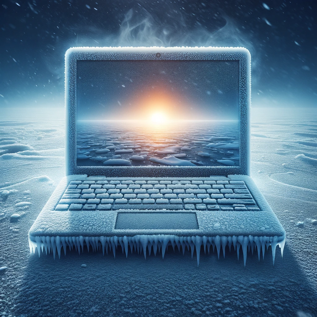 A laptop covered in frost and icicles, set against a wintry backdrop, with its screen glowing warmly in the cold environment