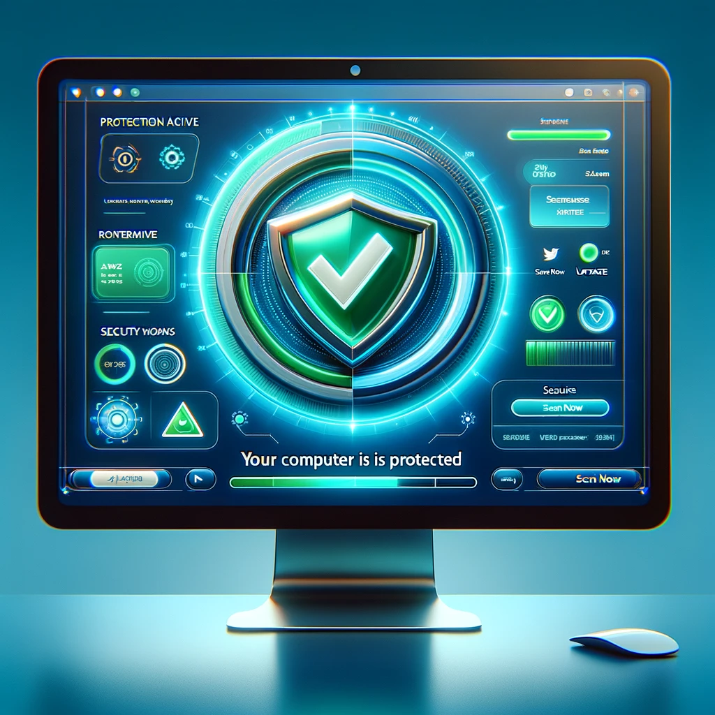 A close-up view of a computer screen displaying antivirus software interface with a large green checkmark, scan progress bar, 'Scan Now' and 'Update' buttons, and a message stating 'Your computer is protected', set against a soothing blue background.