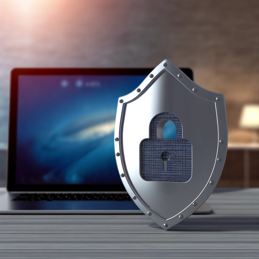 A metallic shield with a digital lock symbol stands upright in front of an open laptop on a desk, symbolizing cybersecurity and digital information protection in a professional or home office environment.