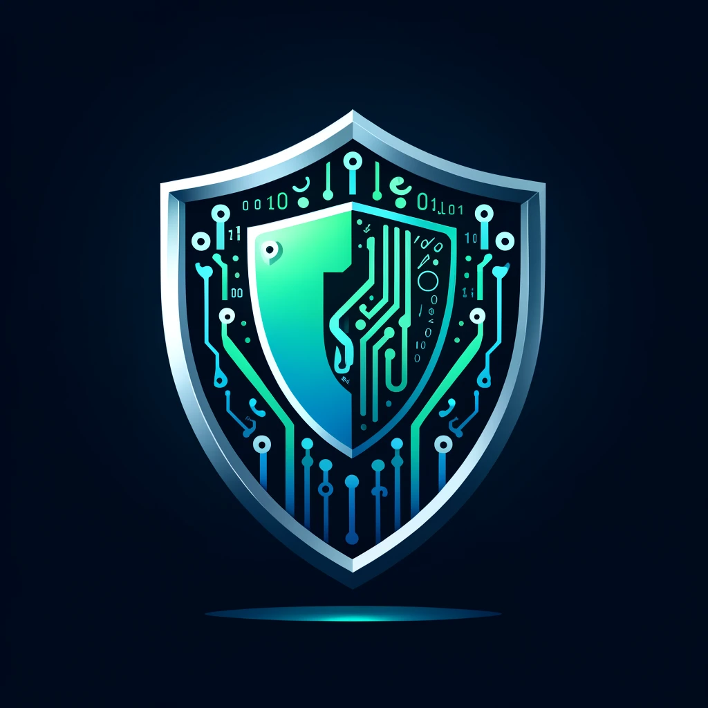 A sleek and modern logo for an antivirus program, featuring a stylized shield in shades of blue and green, incorporating digital elements like binary code and circuit patterns to symbolize advanced cybersecurity protection.