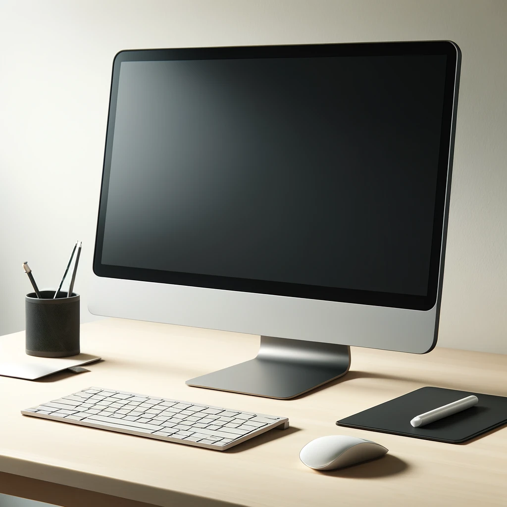 Alt text: A modern desktop computer setup on a tidy desk, featuring a sleek monitor, stylish keyboard, and contemporary mouse in a clean, professional workspace.