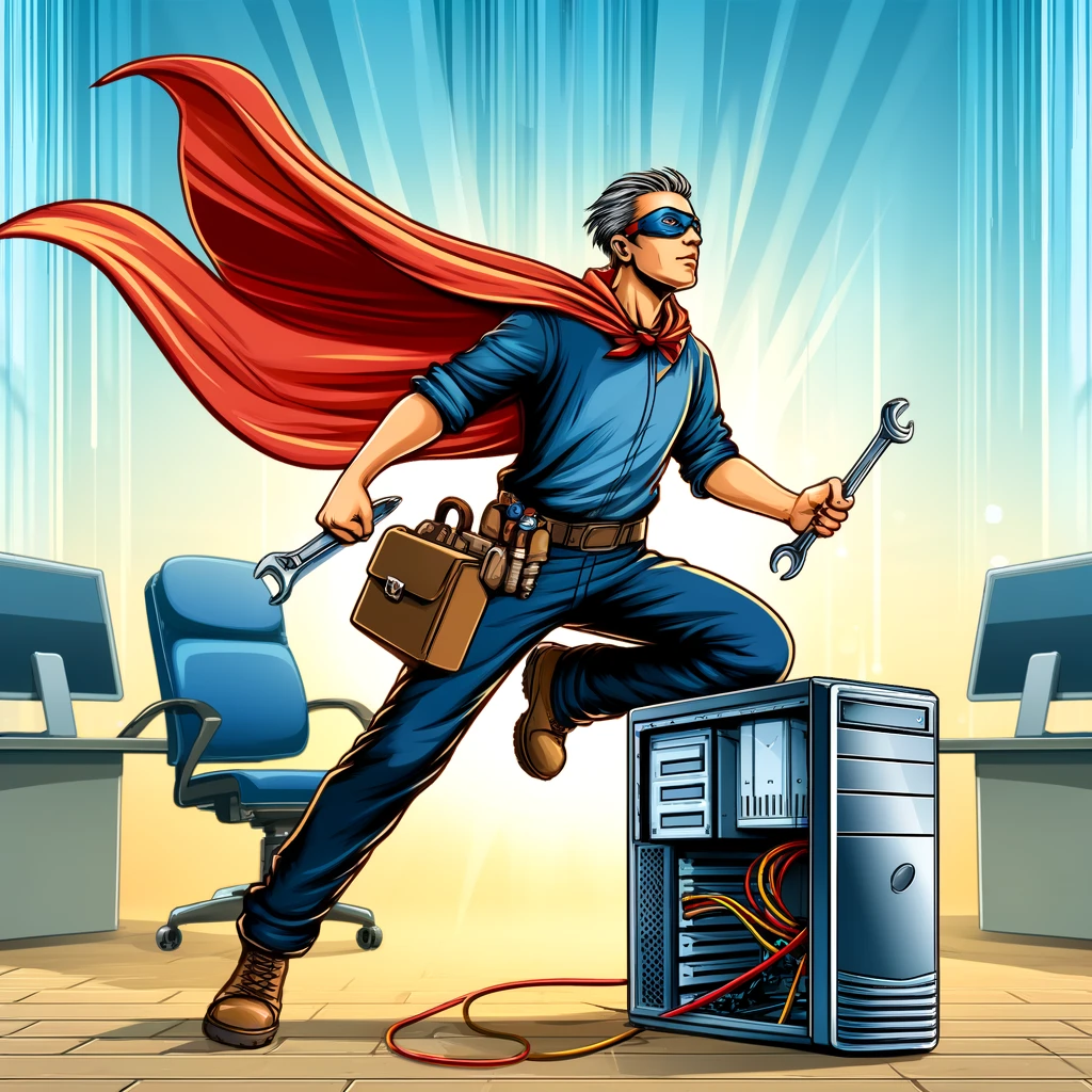 A dynamic illustration of a computer technician as a superhero, wearing a cape and tool belt, heroically swooping in to aid a desktop computer in an office setting.