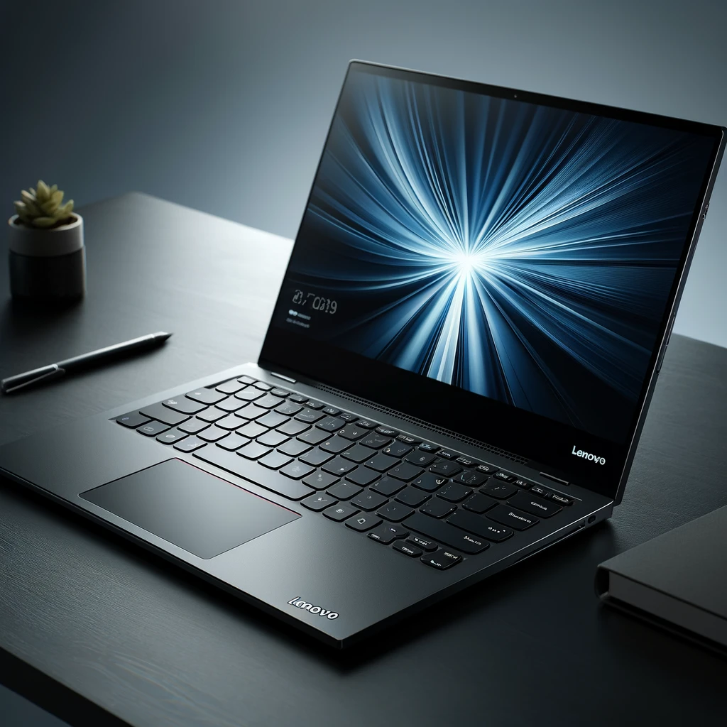 A Lenovo X1 Carbon laptop open on a desk, showcasing its sleek design and clear keyboard layout in a minimalist professional workspace, emphasizing the laptop's modern aesthetics.