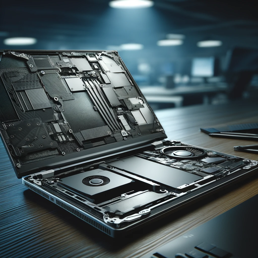 A detailed view of the Lenovo X1 Carbon laptop, partially disassembled to highlight its carbon-fiber chassis, motherboard, and battery, emphasizing its durability and lightweight design in a professional workspace.