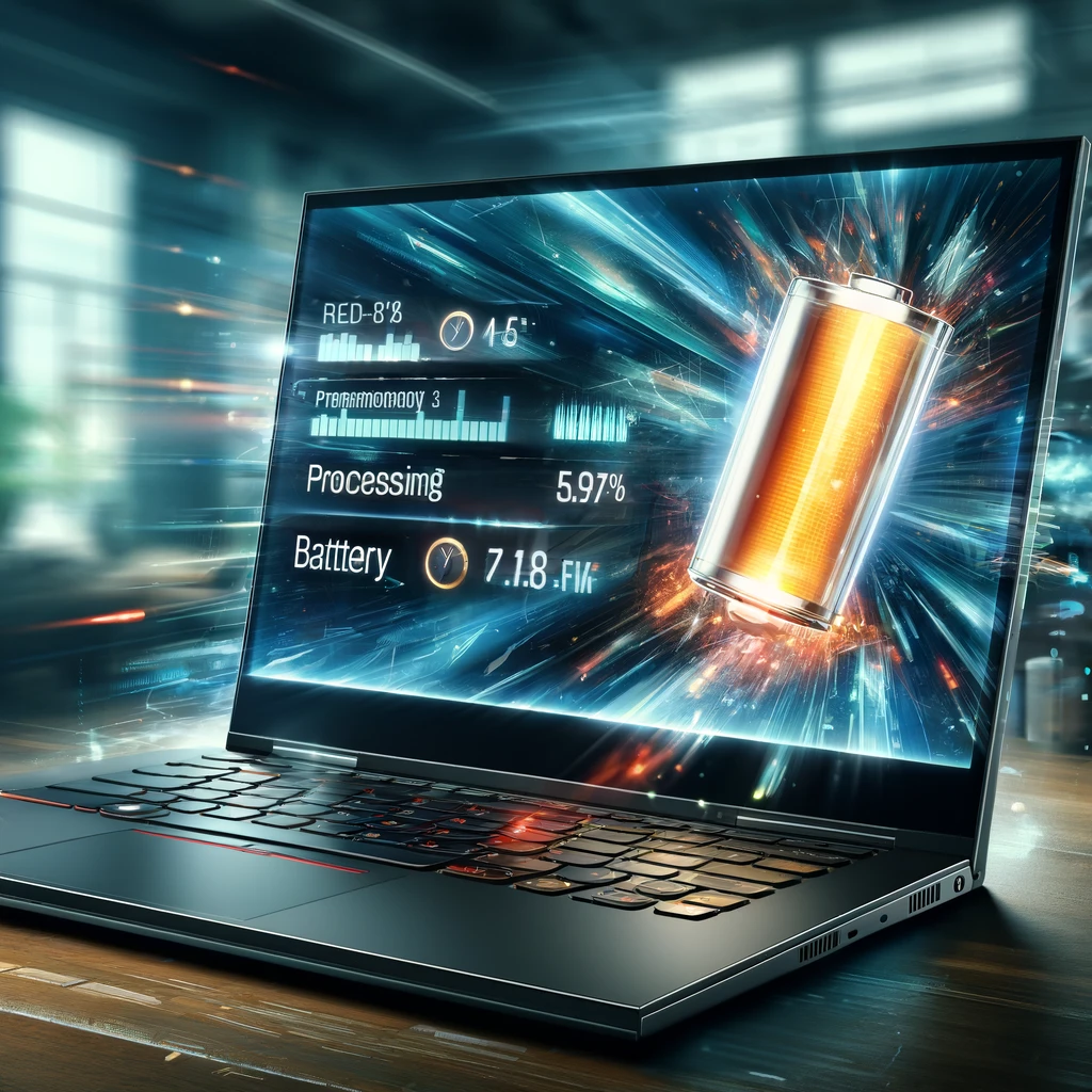 A dynamic display of the Lenovo X1 Carbon laptop with a digital overlay on the screen showing battery longevity and processing speed graphics, set in a modern professional workspace, emphasizing its high-performance capabilities