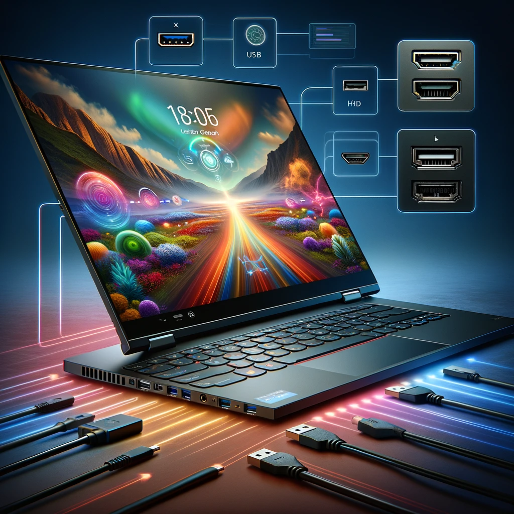 The Lenovo X1 Carbon laptop displayed with its high-resolution screen showing vibrant colors and sharp details. Surrounding the laptop are visible connectivity ports such as USB, HDMI, and Thunderbolt, set in a modern office environment to highlight its advanced display technology and versatile connection options.
