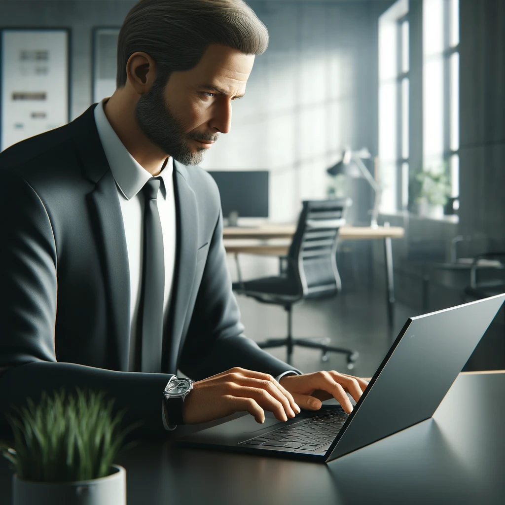 A middle-aged Caucasian man in business attire working intently on a Lenovo X1 Carbon laptop in a modern, well-lit office. The desk is clean and the decor is minimalistic, highlighting a productive work environment.
