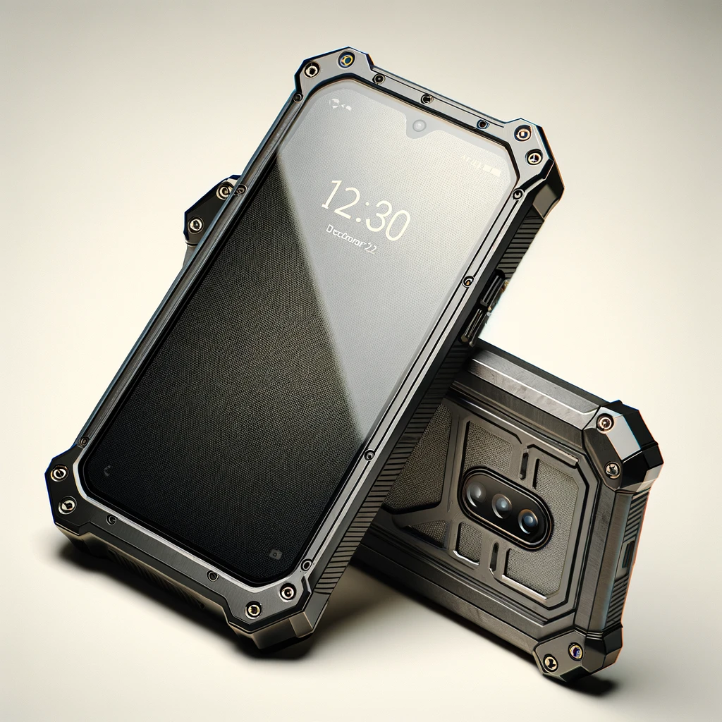 Rugged smartphone with a shock-resistant body, reinforced corners, and a textured grip back, displayed against a neutral background to emphasize its durability features