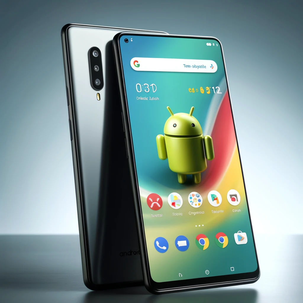 Sleek smartphone displaying the Android operating system interface, featuring a large, clear screen with thin bezels and recognizable icons on a bright wallpaper, set against a simple background to emphasize the device's modern design and software capabilities