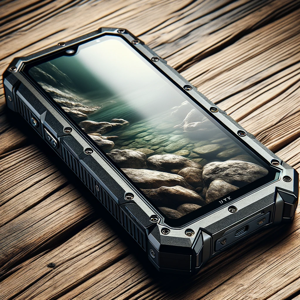 Rugged smartphone with reinforced edges and a textured back, lying on a wooden table, showcasing its durable design against a natural contrasting background