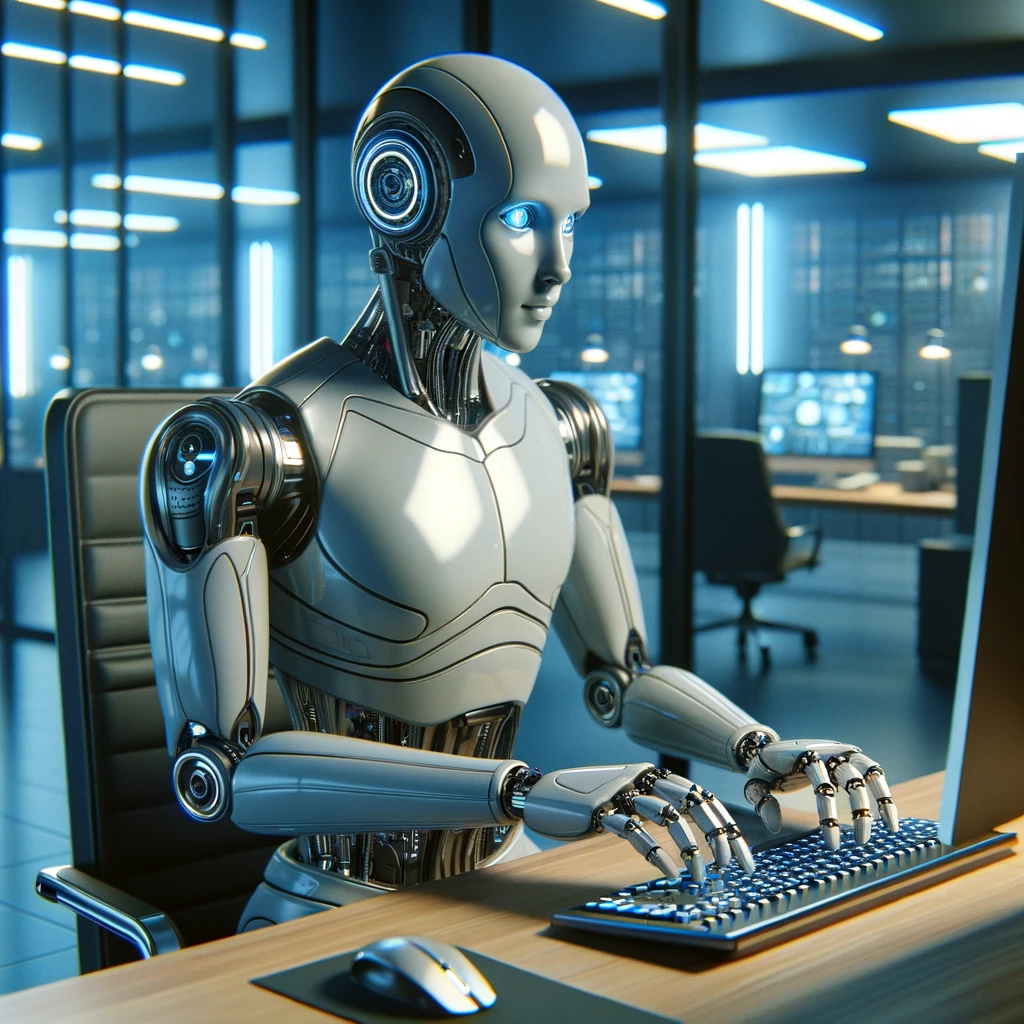 Futuristic android robot with sleek metallic features, sitting and typing on a computer keyboard in a modern, high-tech office environment