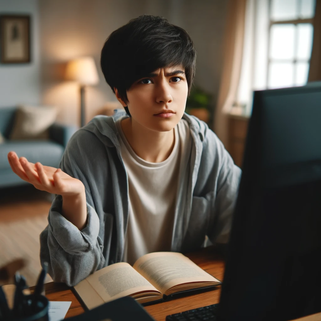 "Gender-neutral young adult with short black hair looking puzzled while sitting at a computer in a cozy, well-lit home office, surrounded by books and notes."