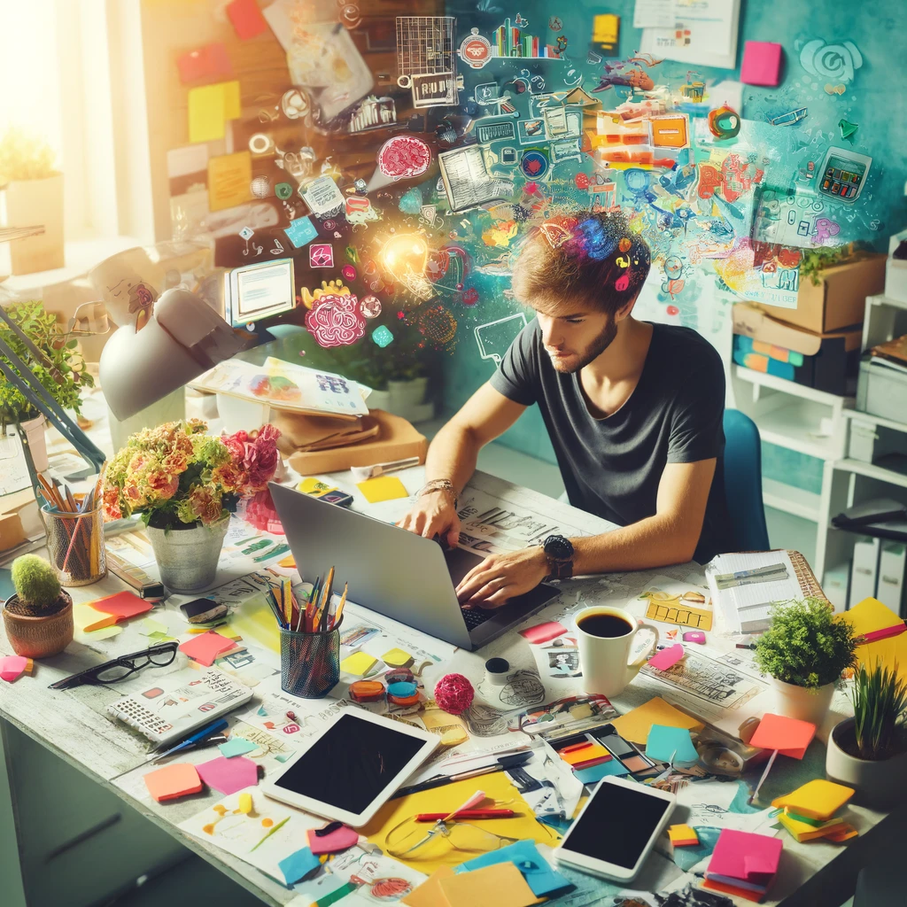 image illustrating the vibrant and creative process of content creation, featuring a person actively engaged in their work at a cluttered desk. Feel free to click on the image to view it in detail.