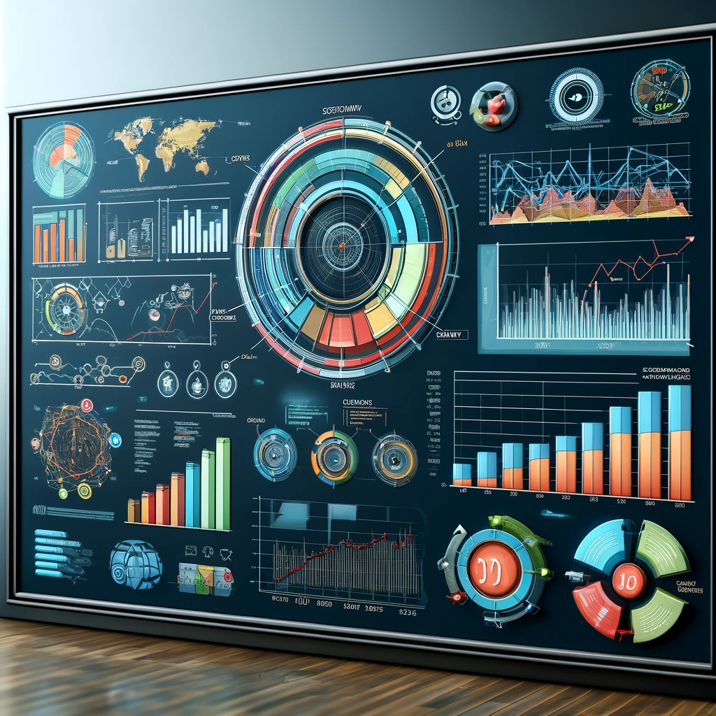 "Colorful illustration of various marketing charts on a board, including pie charts, bar graphs, and line graphs detailing sales performance, website traffic, and customer demographics in a professional setting."