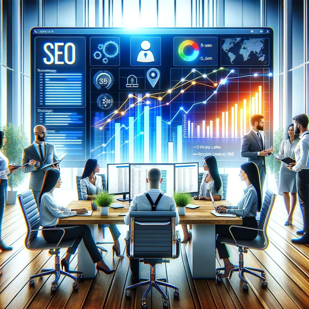 "Professional stock image of a diverse group of young professionals discussing SEO strategies around a monitor displaying keyword rankings and traffic growth charts in a vibrant, modern office."