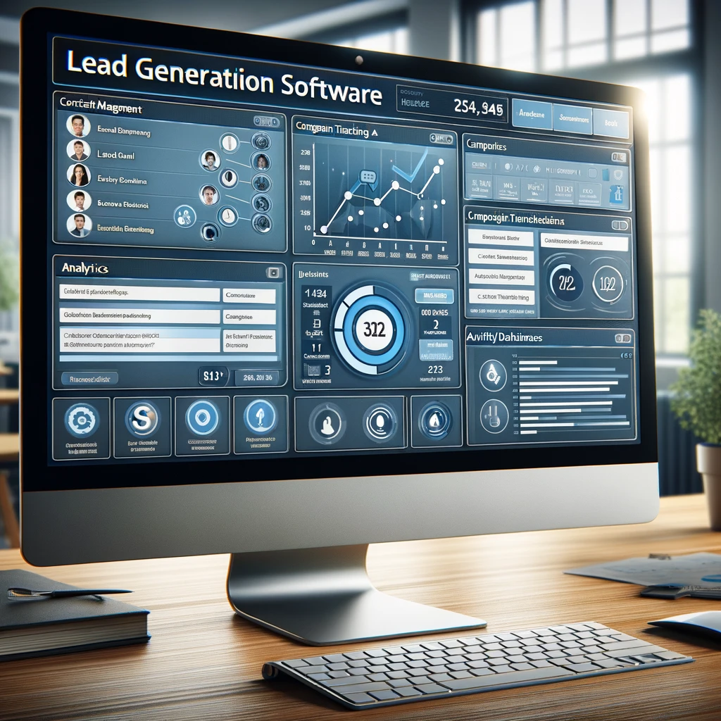 "Computer screen displaying lead generation software with a user-friendly interface, featuring contact management, campaign tracking, and analytics dashboards in a professional office setting."