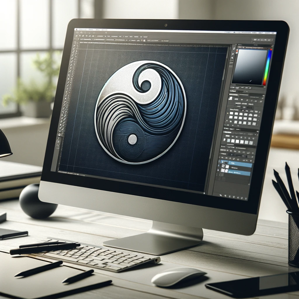 Here is the image of a computer monitor displaying a logo design process in a graphic designer's studio. Feel free to click on the image to view it in detail. **Alt Text**: "Computer monitor showcasing a logo design in progress within a graphic design software, surrounded by design tools in a bright, organized graphic designer's studio."