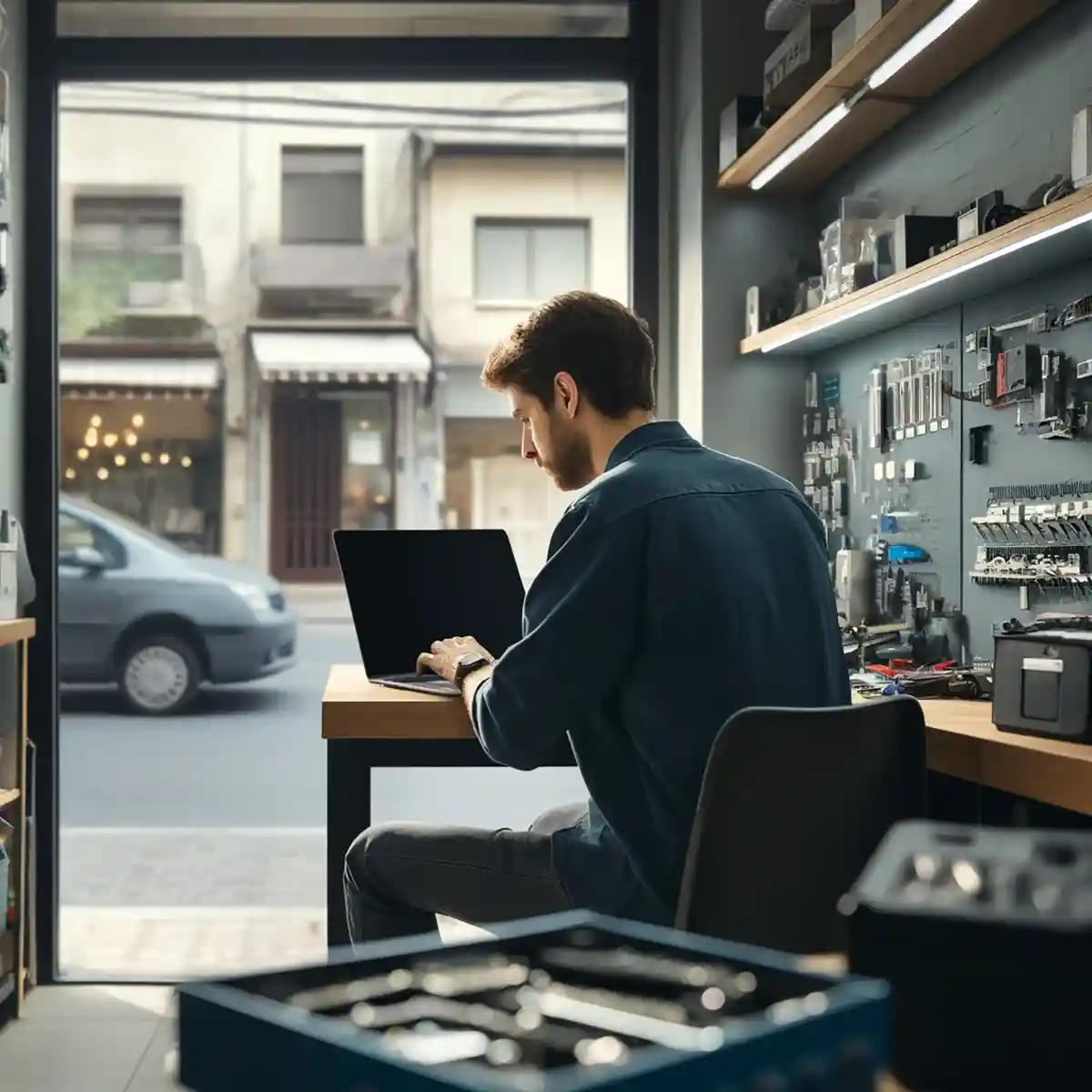 An IT technician works on a computer inside a small shop, surrounded by computer parts and gadgets. The shop features a visible front door and a window that looks out onto an urban street. The setting is modern and professional, depicting the technician focused on their task.
