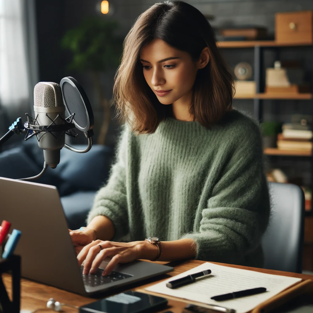 A woman in her late 20s, with shoulder-length brown hair and wearing a green sweater, is focused on typing at her laptop. Her desk is equipped with various tech gadgets and surrounded by notes and a coffee cup, set in a cozy workspace with bookshelves and soft lighting.
