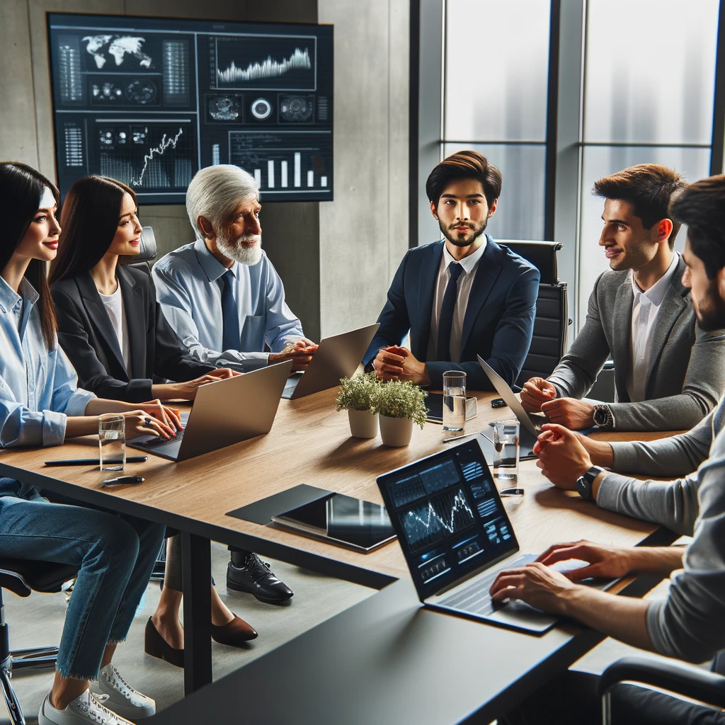 A diverse group of IT technicians, including a young Caucasian woman, an elderly Asian man, and a Middle Eastern man, engaged in a meeting around a sleek conference table in a modern, tech-equipped room.