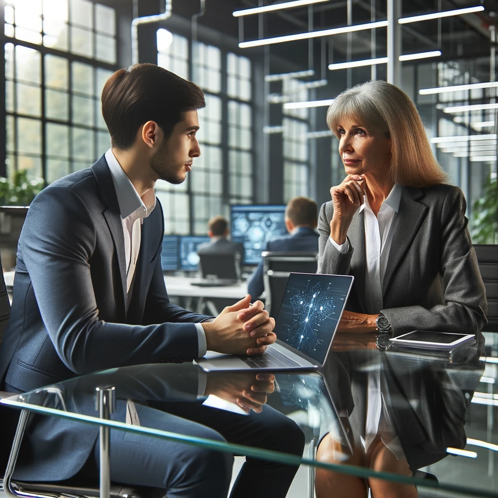 Here is the image of an IT professional in a meeting with a client in a modern office. **Alt Text**: "A young Asian man, an IT professional, in a business casual outfit, discussing collaboratively with a middle-aged Caucasian woman in a professional suit, at a sleek glass table surrounded by high-tech office decor and digital devices."