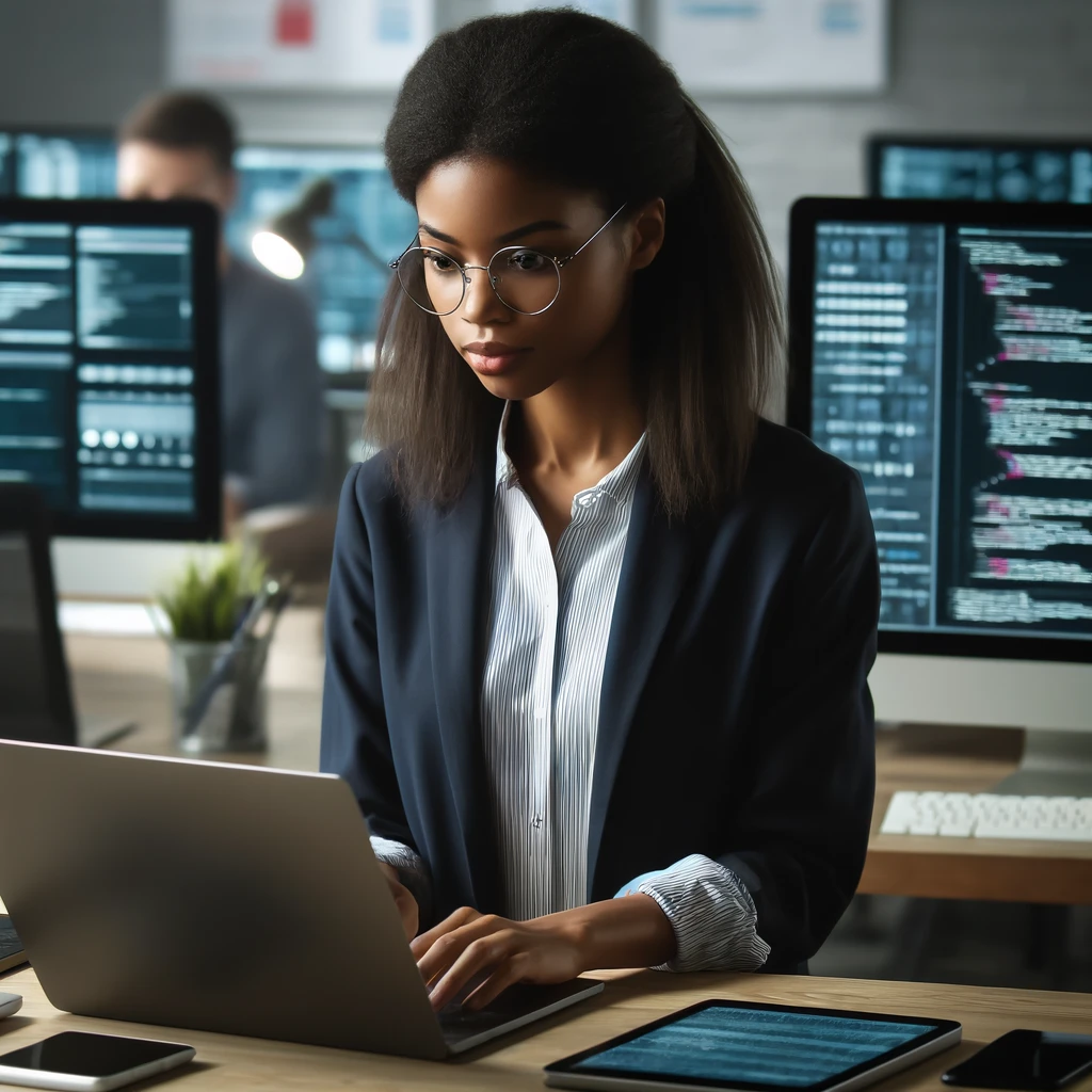 Here is the image of an IT technician at work in a modern office environment. **Alt Text**: "A young Black woman, an IT technician, wearing smart-casual attire and glasses, intensely focused on a laptop with multiple monitors showing data and code in a neat and organized high-tech workspace."