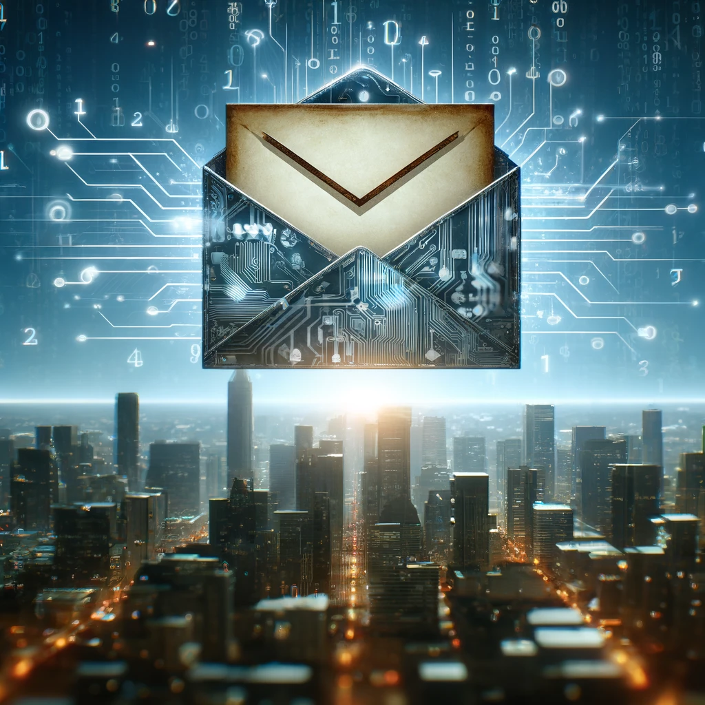 A digital-themed image showcasing email marketing as a powerful tool for IT companies, featuring a giant envelope with digital circuitry and binary codes, set against a cityscape background, symbolizing business and communication.