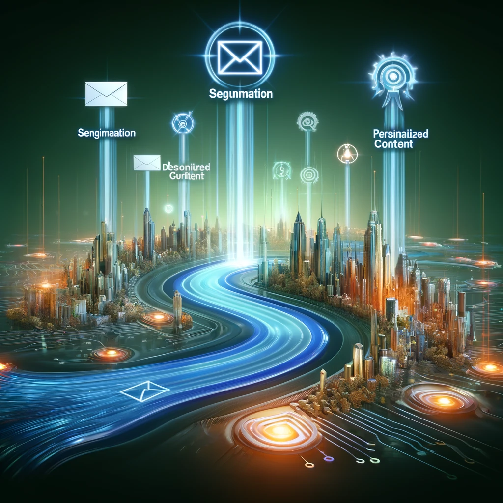 A conceptual illustration depicting email marketing in a digital landscape. Streams of emails flow into a glowing, futuristic city, representing a targeted audience. The image includes metaphors for segmentation, personalized content, and vibrant calls to action, highlighting how email marketing enhances brand recognition and customer loyalty.