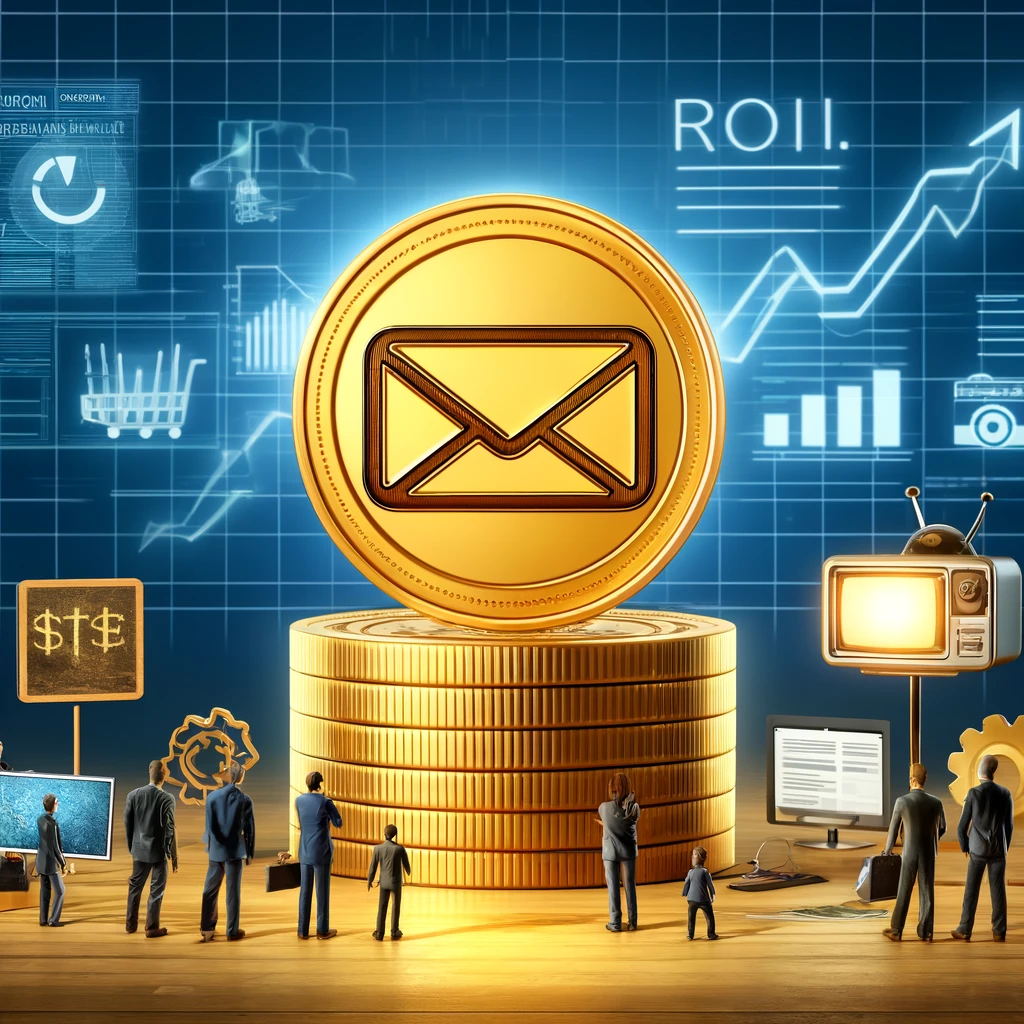 A business-themed illustration showcasing the cost-effectiveness of email marketing for IT companies. It features a large golden coin with an email icon, towering over smaller icons of a TV, billboard, and newspaper, symbolizing the higher ROI of email marketing. A digital dashboard in the background displays graphs and analytics, emphasizing the ease of tracking and analyzing email campaigns.