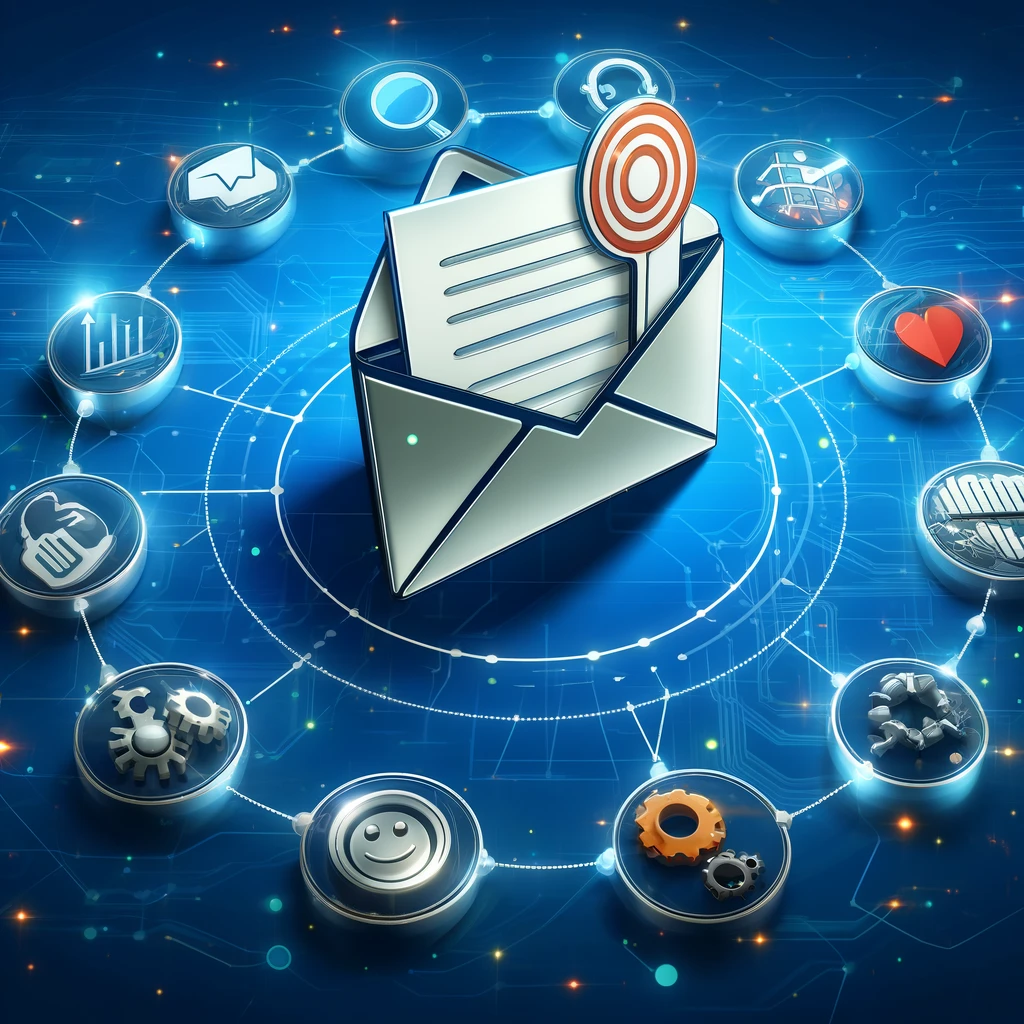A business illustration showing the strategic application of email marketing for IT companies. It features a stylized email envelope surrounded by digital tools and icons representing stages of the customer lifecycle, including a magnifying glass for research, a gear for strategy, and a smiling face for customer satisfaction. The backdrop is a vibrant digital mesh, symbolizing the interconnected nature of digital marketing strategies.
