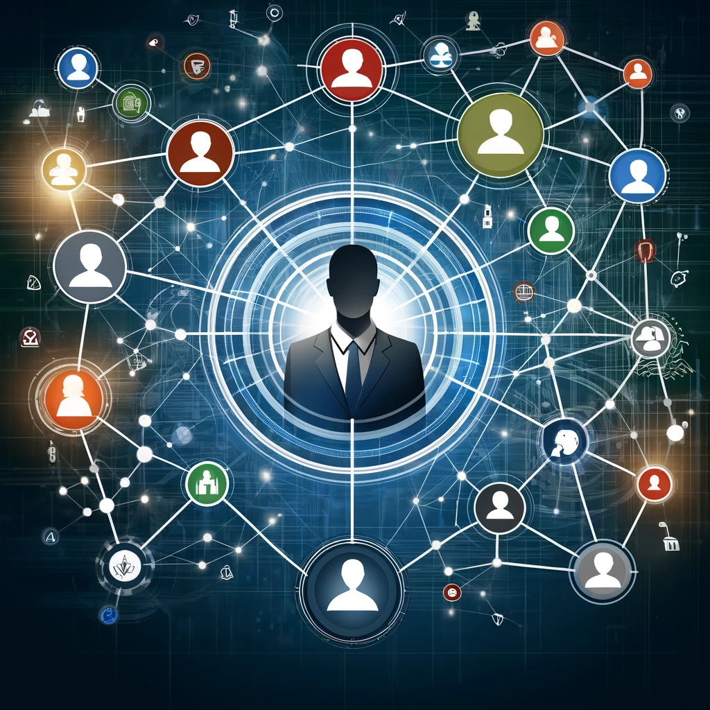 A modern business illustration featuring a network marketer at the center, surrounded by digital connections and icons of various industries. This image symbolizes the use of personal networks in marketing and showcases the strategy, skills, and benefits of network marketing as a career or business strategy.
