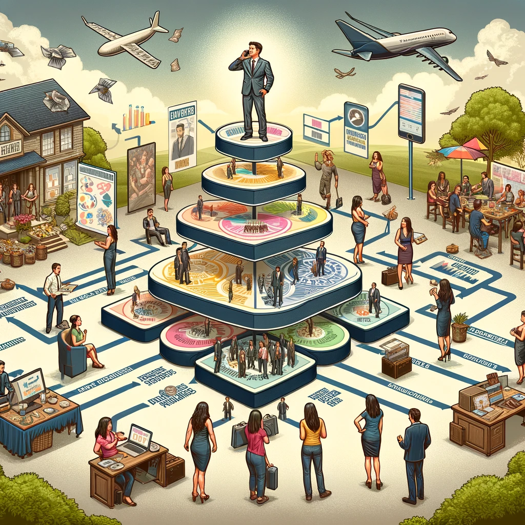 Here is the image illustrating the life of a network marketer involved in multi-level marketing, highlighting their interactions and activities. **Alt Text**: A detailed illustration of a network marketer engaged in MLM. The central figure interacts with a diverse group at a product demonstration and a social event. The image includes layers symbolizing the hierarchical revenue streams from direct sales and recruited distributors, and shows the use of personal networks and online tools to promote products and recruit team members, reflecting the skills, flexibility, and challenges of MLM.