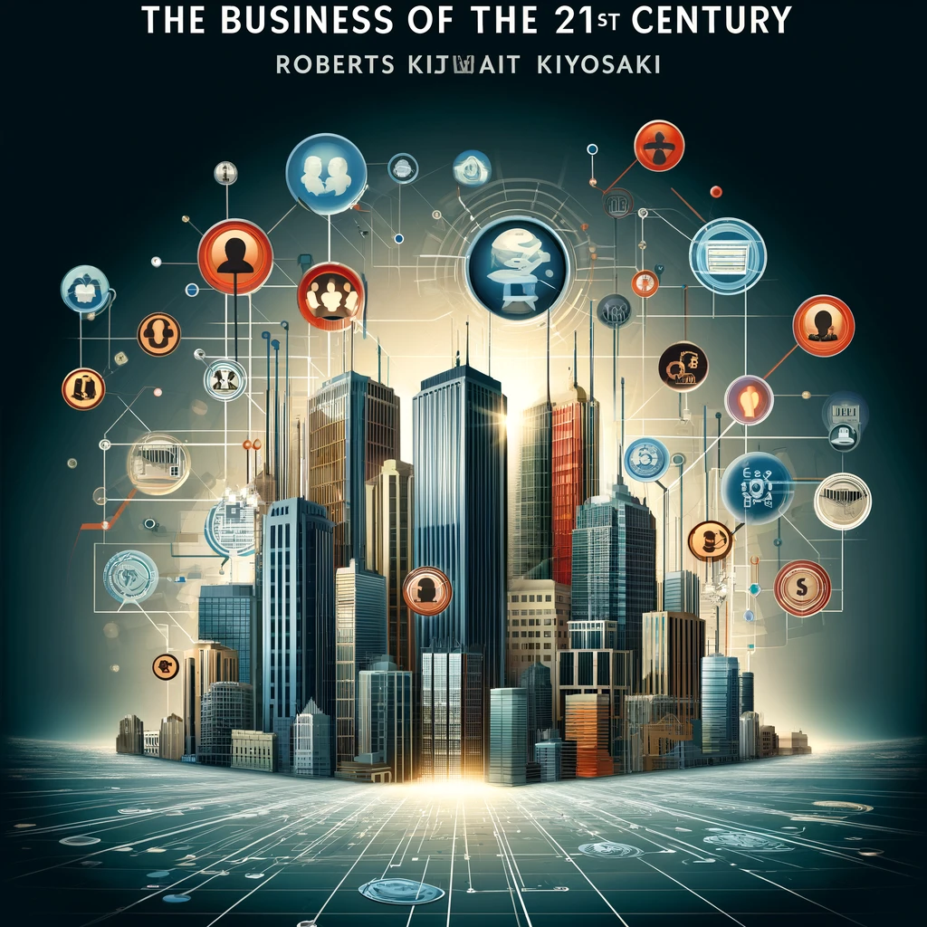 Here is the image depicting the book cover for "The Business of the 21st Century" by Robert Kiyosaki, which emphasizes the potential of network marketing. **Alt Text**: An evocative book cover for "The Business of the 21st Century" by Robert Kiyosaki, featuring a modern cityscape blending into a network grid. The design symbolizes the fusion of traditional business with network marketing strategies, highlighted by icons of currency, personal connections, and digital elements, representing the economic promise and relevance of network marketing in the digital age.