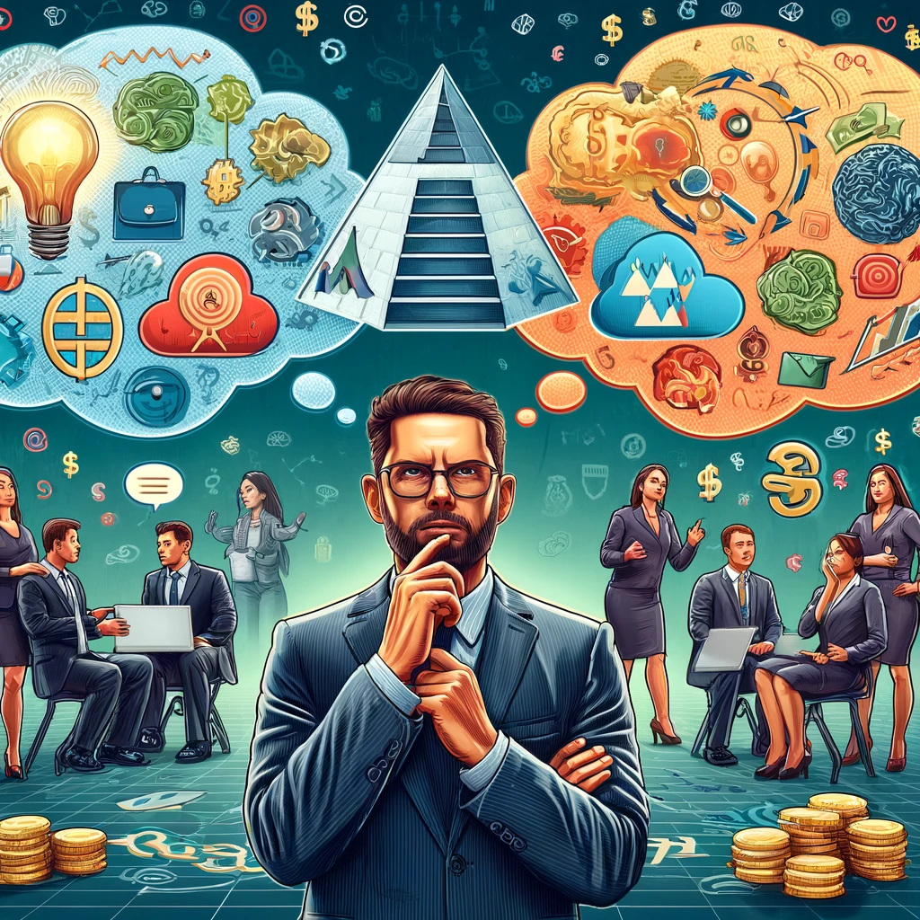 Here is the image depicting the various perceptions and realities of network marketing, illustrating both the skepticism and the effective strategies involved. **Alt Text**: An illustrative depiction showing contrasting views of network marketing. One side features a person skeptical about network marketing, with thought bubbles containing icons of a pyramid scheme, excessive meetings, and low pay. The other side shows a professional network marketer implementing effective partnership strategies, surrounded by symbols of commission, skill, and mutual benefit, highlighting the positive aspects of network marketing.