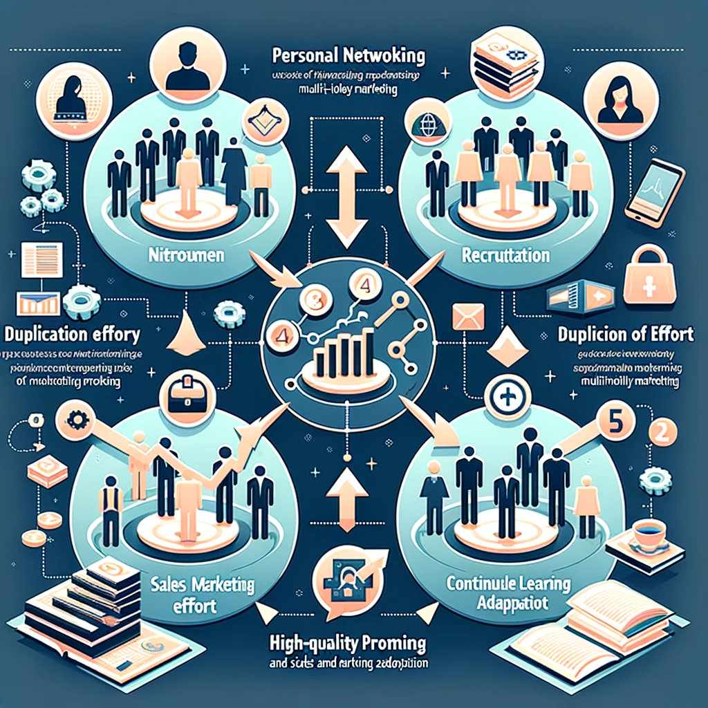 Here is the infographic illustrating the effective strategies of network marketing, visually depicting the key components that contribute to success in this field. **Alt Text**: An infographic detailing six strategies of network marketing. It includes icons for Personal Networking with connected people, Recruitment with expanding network arrows, Duplication of Effort with repeating figures, Use of Sales and Marketing Tools with a mix of digital and traditional tools, Continuous Learning and Adaptation with books and devices, and High-Quality Products represented by premium product icons. Each strategy is clearly separated to highlight its importance in achieving success in network marketing.