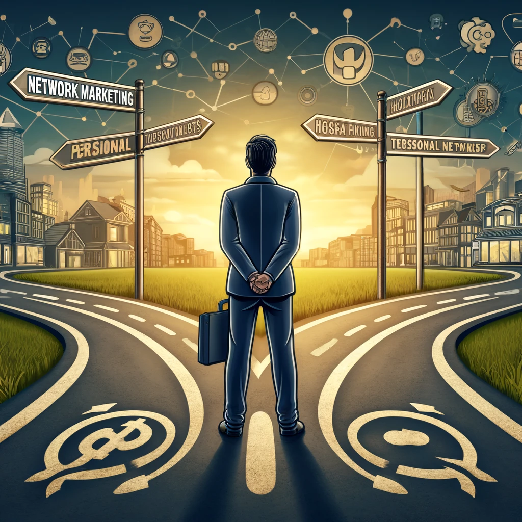 Here is the motivational business-themed illustration depicting the unique opportunity of network marketing compared to traditional business models. **Alt Text**: A business illustration showing an entrepreneur at a crossroads, choosing between traditional and network marketing paths. The network marketing path is adorned with icons representing personal networks, high-quality products, and adaptability, contrasting with the more rigid and costly traditional path. This image highlights the growth potential and necessary strategic planning in network marketing.