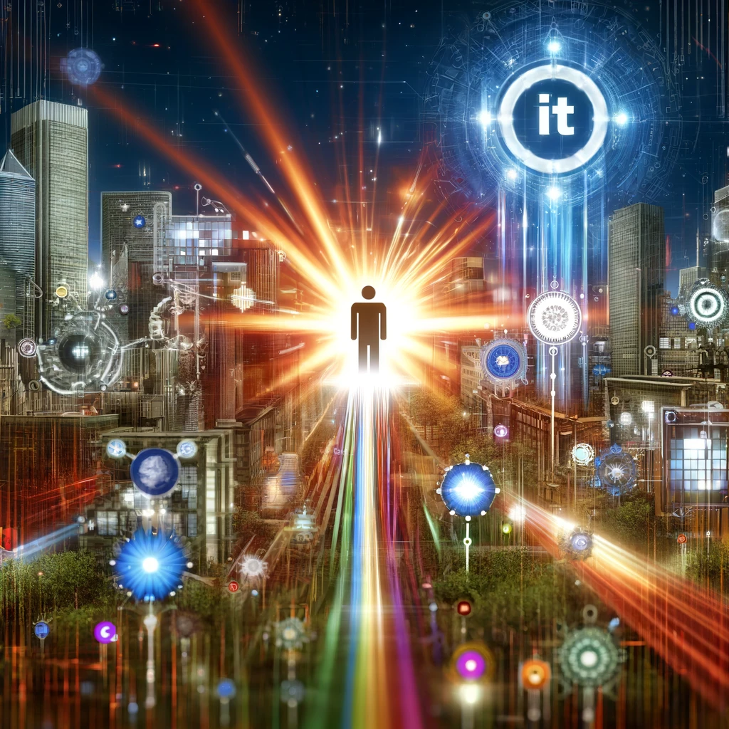 A modern digital marketing illustration for IT companies, featuring a cityscape filled with tech symbols and digital billboards. In the foreground, a figure uses vibrant marketing strategies, symbolized by light beams, to distinguish themselves in the competitive tech industry