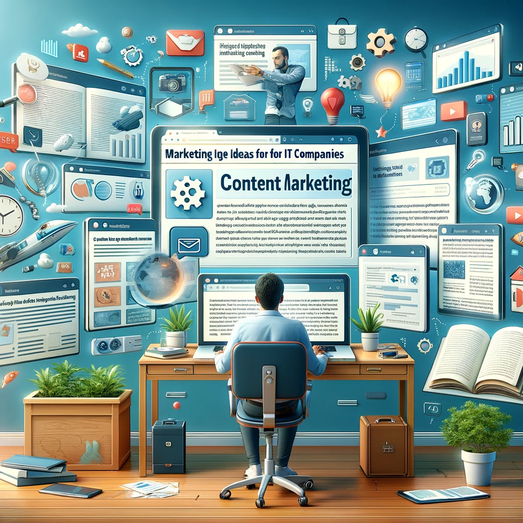 An illustration of a content creator in a professional setting, working on a laptop surrounded by screens displaying blog posts, whitepapers, case studies, and instructional videos. Keywords like 'marketing ideas for IT companies' are highlighted, showcasing how content marketing establishes thought leadership and enhances SEO