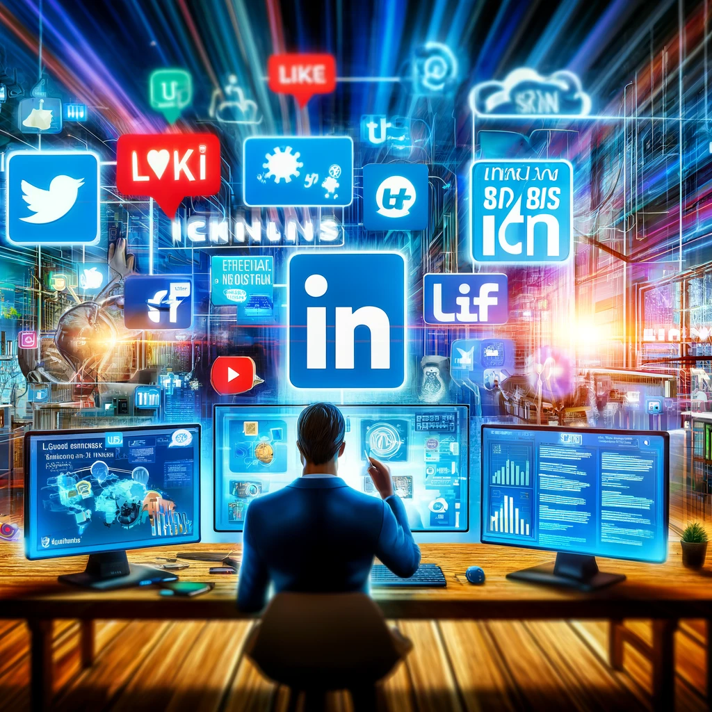 A dynamic illustration of an IT professional using social media for networking in a vibrant office setting. The scene shows various social media platforms on computer screens, particularly LinkedIn, showcasing posts with industry news and interactive content. This image highlights the strategic use of social media by B2B IT companies to connect with audiences, share insights, and foster a community around their services.