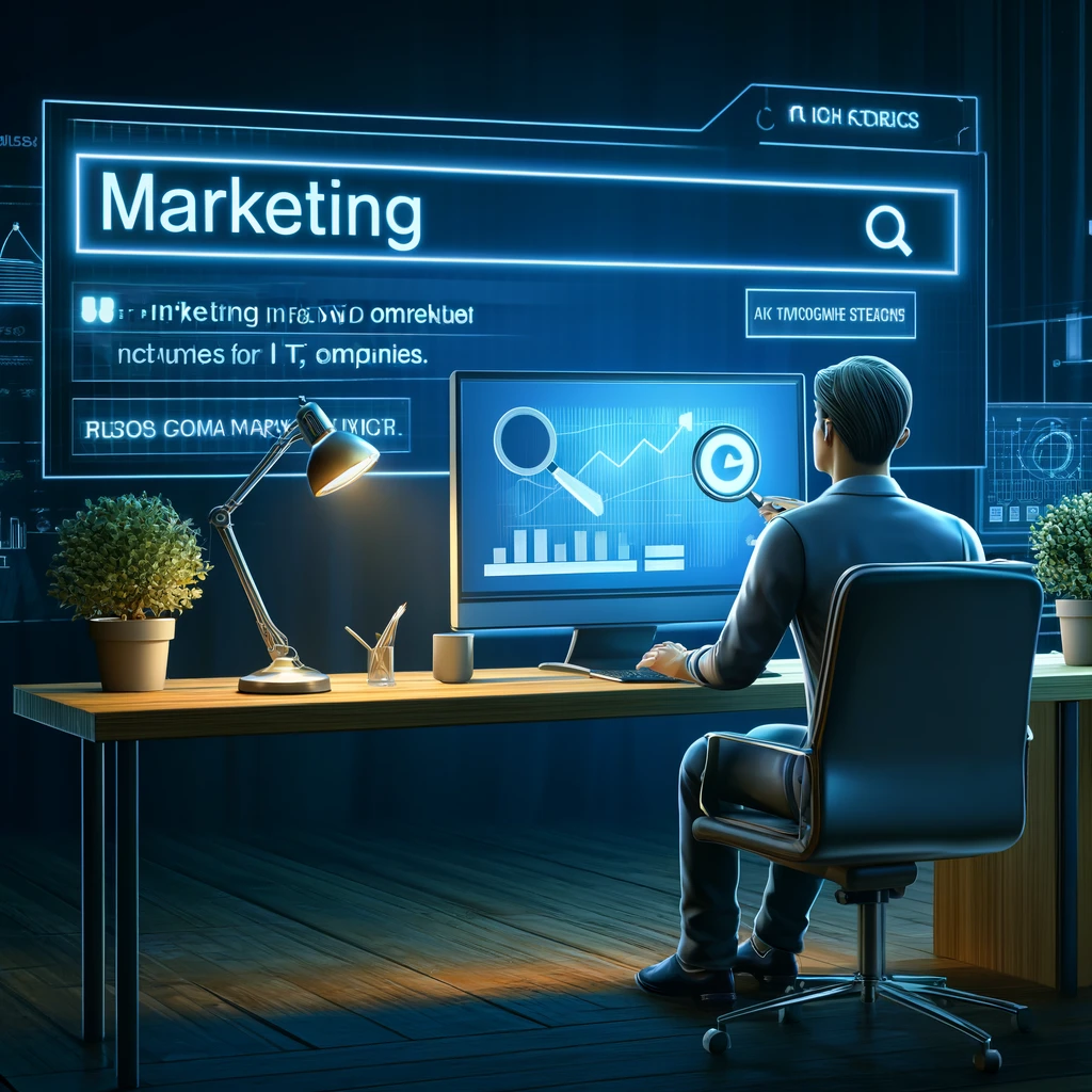 A detailed illustration of a digital marketing professional at a workstation, analyzing search trends on a monitor displaying graphs and data, with a focus on keywords such as 'marketing ideas for IT companies'. This visual showcases the strategic use of SEO to improve search engine rankings and attract more visitors, emphasizing the careful work involved in enhancing a company's online presence.