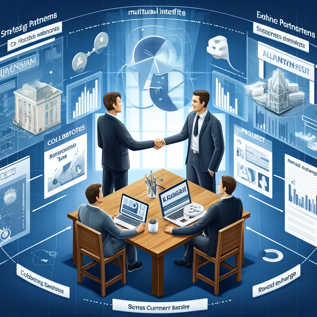 An illustration showing two professionals shaking hands over a conference table, symbolizing business collaboration. Around them are elements like webinar screens, project blueprints, and referral documents, highlighting the mutual benefits such as expanded customer bases and access to new markets through strategic partnerships. This visual emphasizes how shared expertise and resources provide added value and distinguish companies in competitive markets.