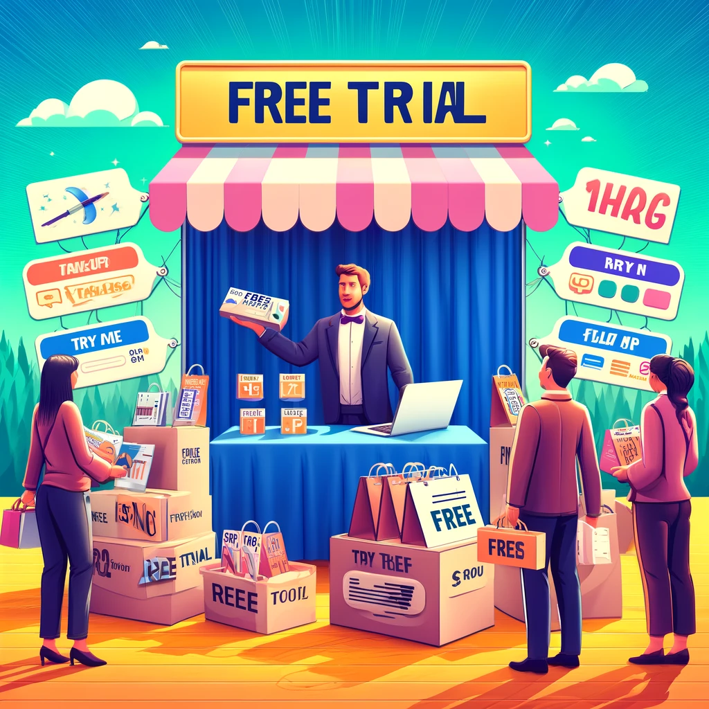 A vibrant illustration showing a professional at a promotional booth, distributing free trial packages labeled 'Free Trial' and 'Try Me' to passersby. A laptop displays an online signup form to capture contact information, emphasizing the strategy of using free offers to generate leads, build trust, and demonstrate the value of services, thereby facilitating potential customer conversions.