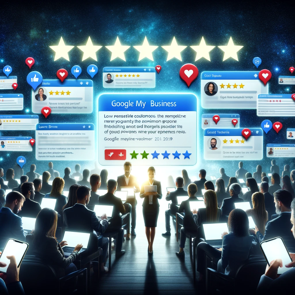 A professional illustration showing diverse customers using smartphones and laptops to post reviews. The background displays a large screen with glowing client testimonials and a 'Google My Business' logo, highlighting the importance of positive feedback in enhancing a company's credibility and persuading potential customers to choose its services.
