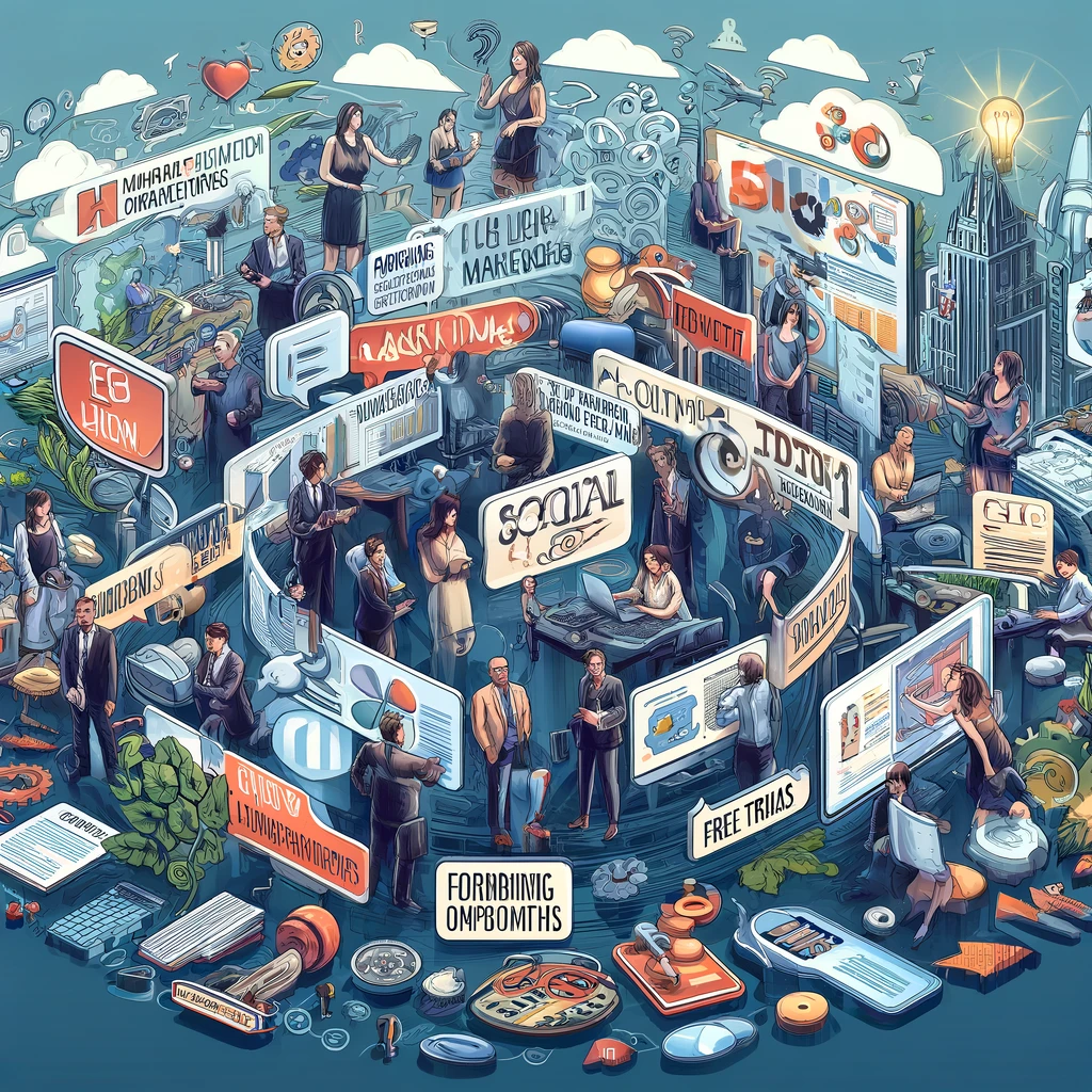 A comprehensive illustration depicting various marketing strategies used by an IT company. The scene is segmented into areas showing IT professionals engaging in content marketing, social media, SEO, strategic partnerships, free trials, customer reviews, and hosting webinars. Each segment highlights the creativity and adaptability required to enhance visibility, establish authority, and drive business growth in the competitive digital landscape.