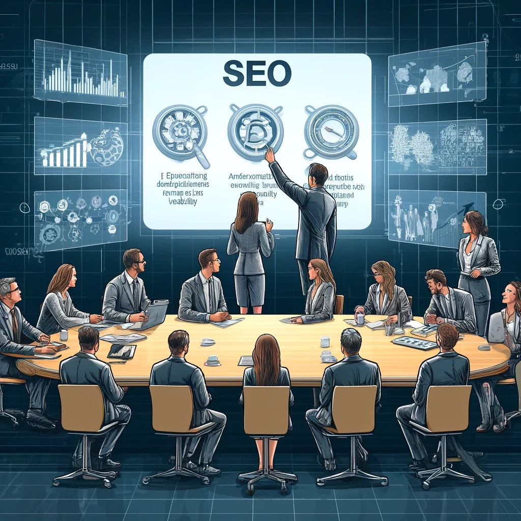 An illustration showing an SEO expert presenting strategies to a group of SME owners from various industries, gathered around a conference table. The expert uses a digital screen to demonstrate how to enhance online visibility, emphasizing the specialized services provided to businesses lacking in-house SEO expertise