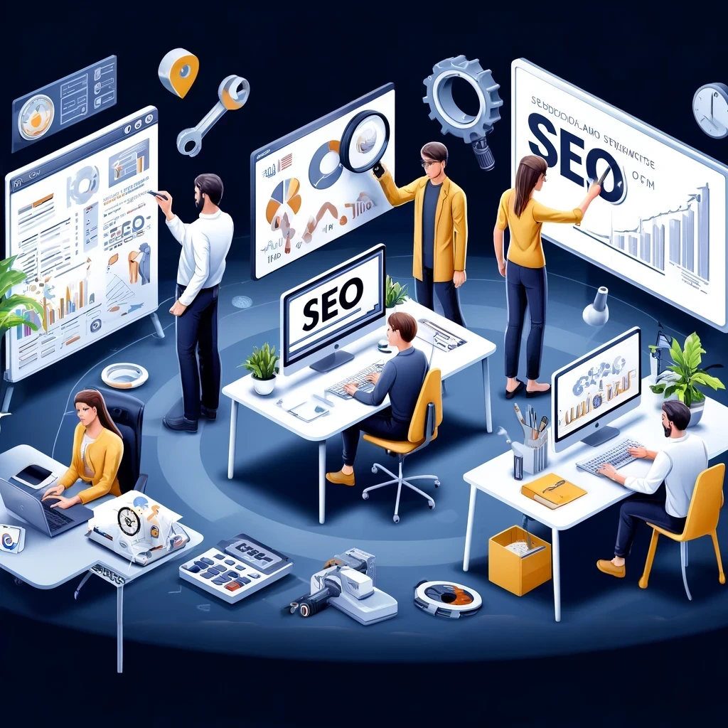 An illustration showing four key areas of SEO work in a company: a strategist planning customized SEO strategies on a digital whiteboard, a professional conducting keyword research on a computer, a content creator optimizing website content for SEO, and a technician addressing technical SEO issues like site speed and mobile responsiveness. Each scene is detailed with specific tools and displays, emphasizing a comprehensive and tailored approach to enhancing search engine rankings