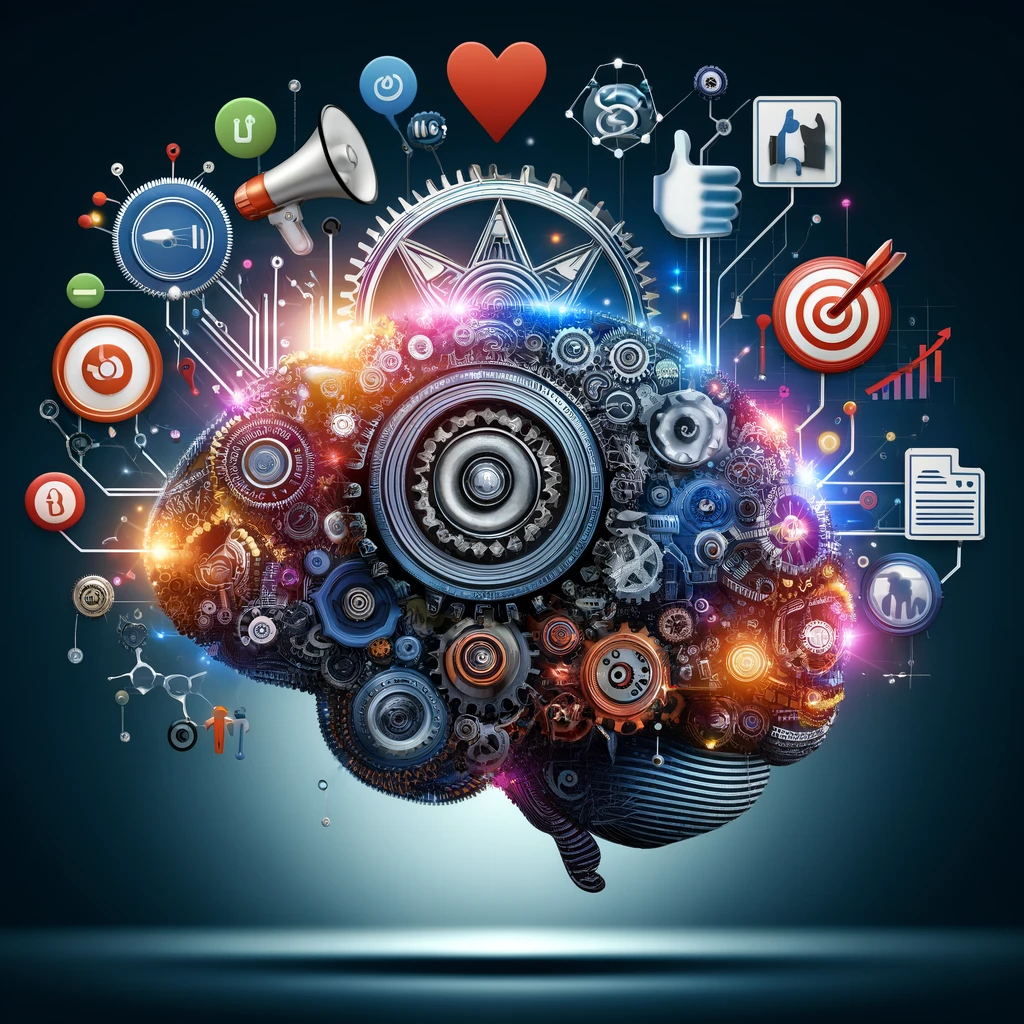 An abstract illustration featuring a large brain composed of gears and circuits at the center, symbolizing strategic thinking in marketing. Surrounding the brain are various symbols such as a megaphone for advertising, social media icons for digital marketing, a handshake for partnerships, and a target for audience segmentation. The design is modern and uses vibrant colors to highlight each marketing element, visually capturing the dynamic and multifaceted nature of marketing strategies