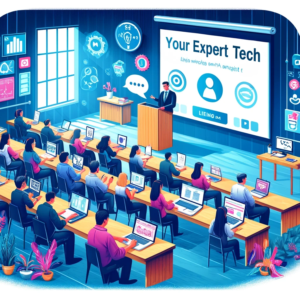 A vibrant illustration of a speaker engaging an audience in a seminar room, combined with a webinar setup where participants join remotely via laptops and tablets. The room is equipped with visual aids and interactive tools, enhancing the educational experience. This image effectively captures the integration of in-person and online elements in modern educational events, facilitating knowledge sharing across diverse audiences.