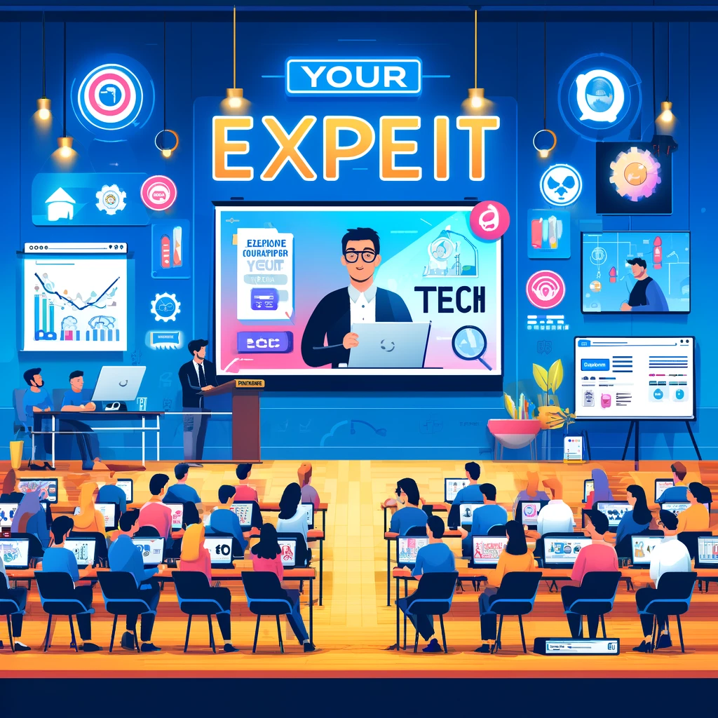A vibrant scene in a seminar room displaying the "Your Expert Tech" brand during a workshop and webinar. The speaker at the front engages an audience both in-person and remotely, with visual aids and interactive tools enhancing the learning experience, and the brand logo prominently displayed.
