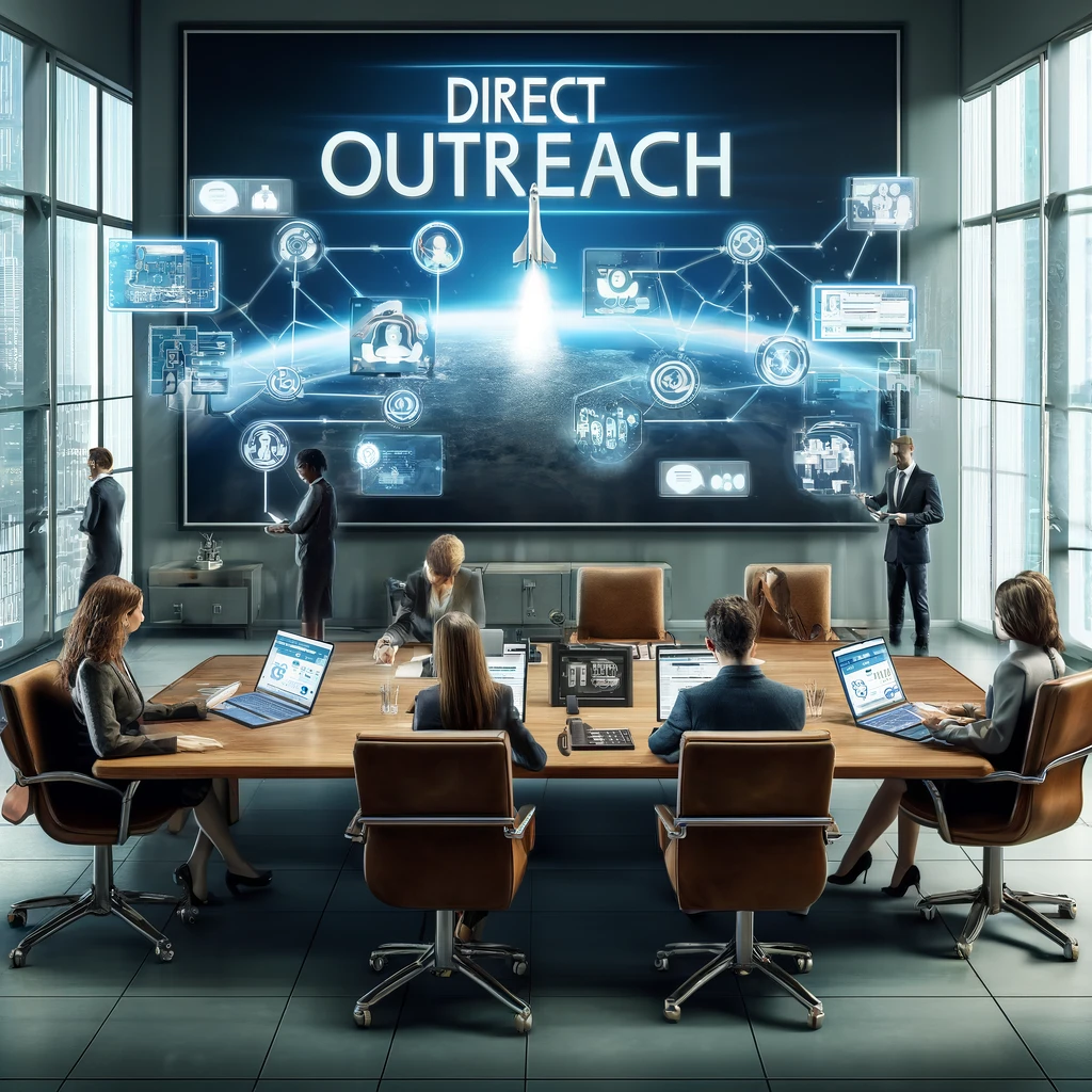 A dynamic illustration of a marketing team conducting 'Direct Outreach' in a professional office. The team is gathered around a conference table, surrounded by digital screens showcasing outreach campaigns and client communication. The setting is filled with devices like phones and computers, symbolizing active engagement with the target audience